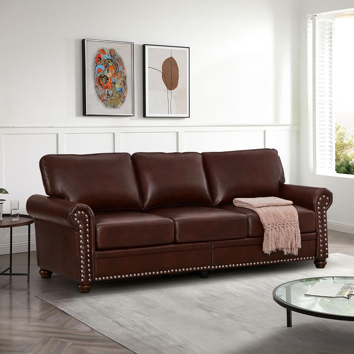 2-Piece Comfy Upholstered PU Leather Sofa Couch Set, Mid-Century Modern Loveseat Sofa+3 Seater Couch with Storage Space for Living Room, Furniture Set, Red Brown