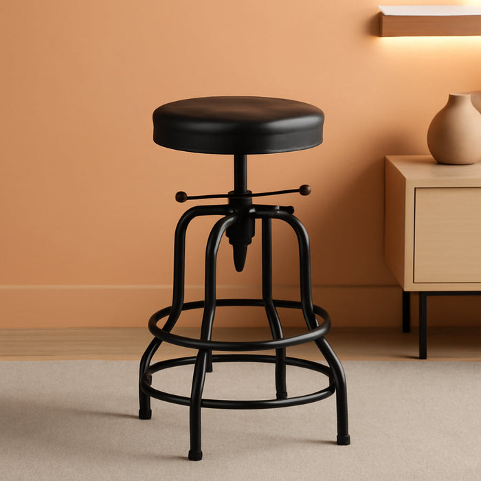 Industrial Bar Stools Vintage Counter Height Bar Stool with round Faux Leather Seat Metal Stool Adjustable Kitchen Stool 21.5-28 Inch Tall Black, 1PCS