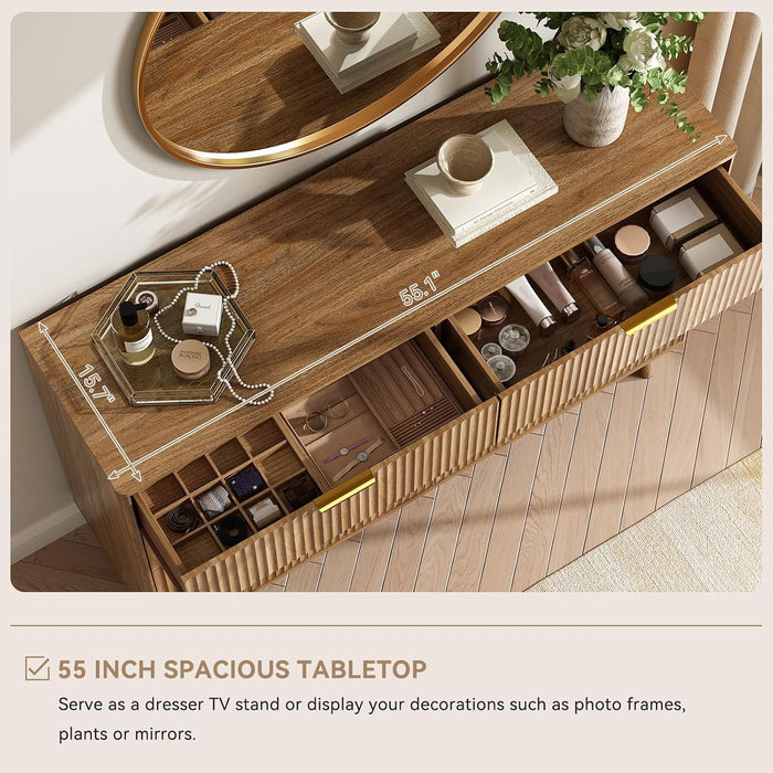 Fluted 6 Drawer Dresser for Bedroom, 55" Wide Wooden Chest of Drawers with Rounded Corners, Gold Handles, Modern Storage Organizer for Bedroom, Hallway(Walnut)