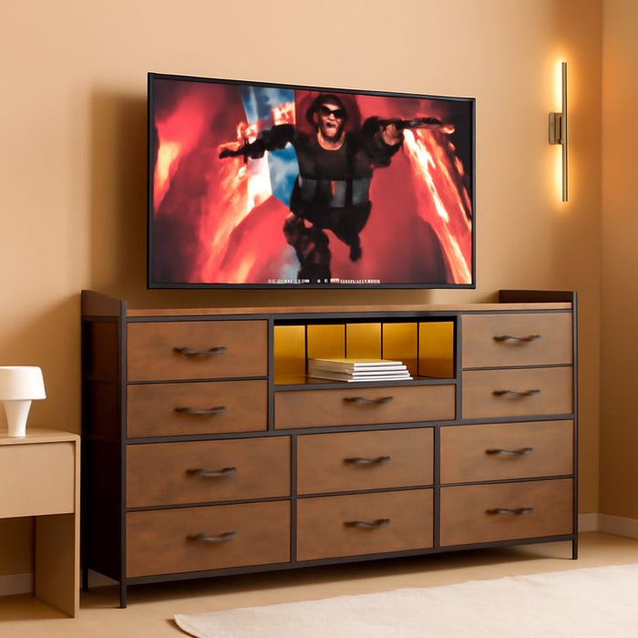 Dresser for Bedroom with 11 Drawers for 60" TV Stand for Bedroom with LED Lights & Charging Station Long Dresser with Shelves & 4 Hooks Sturdy Metal Frame & Fabric Drawers (Rustic Brown)