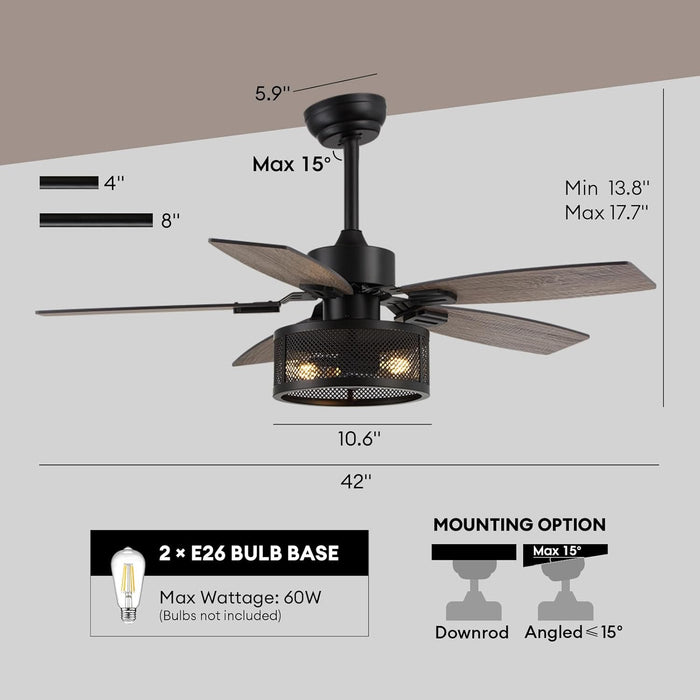 42 Inch Ceiling Fans with Lights and Remote Control, Ceiling Fan for Bedroom Living Room and Patio, Caged Ceiling Fan for Indoor and Outdoor