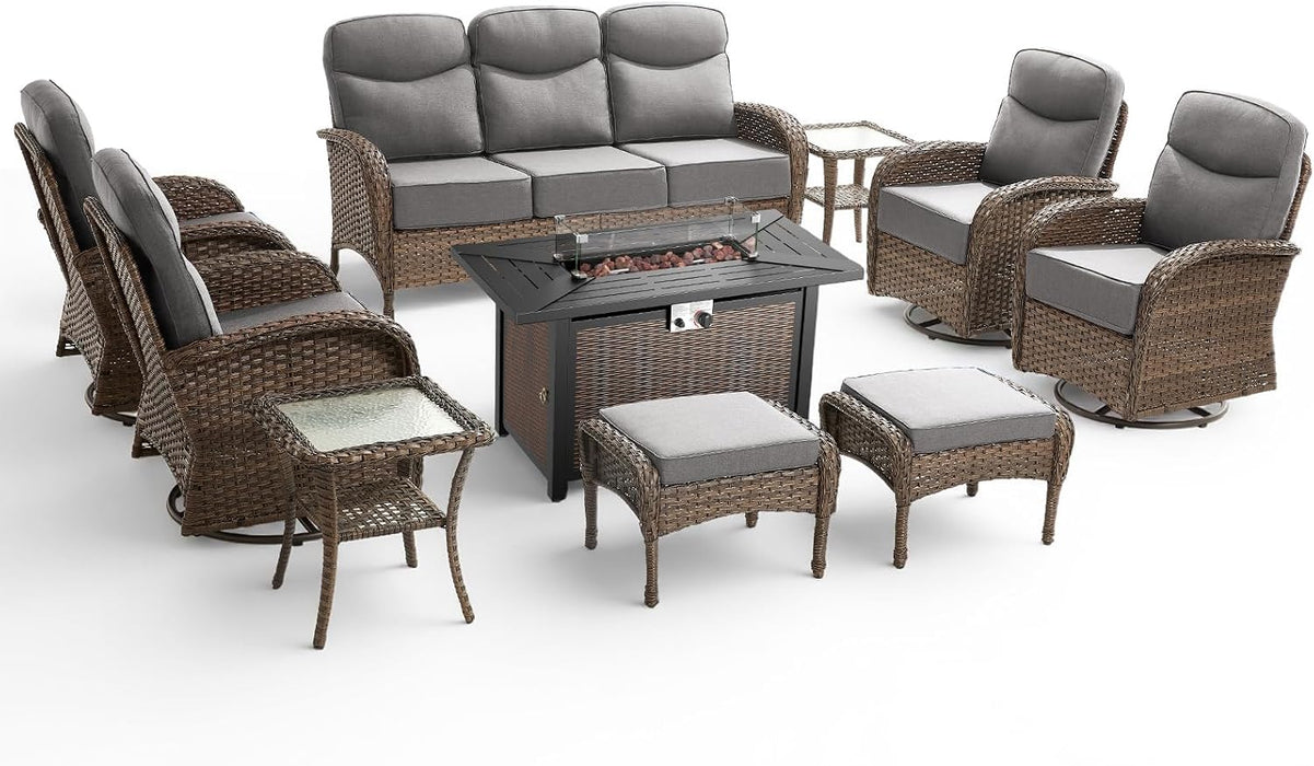 10 Pieces Luxury Patio Furniture Set with 42.5" Fire Pit Table, 6-Inch Thick Cushions Wicker Outdoor Furniture with Swivel Patio Chairs Set of 4, Outdoor Patio Conversation Set for Garden Deck, Gray
