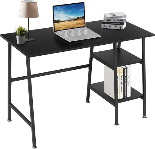 43" Home Office Computer Desk Trestle Desk with 2 Shelves Writing Study Workstation Style Wood Table Metal Frame for Home Office Reversible Storage Desk, Black