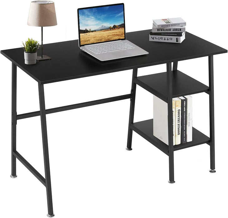 43" Home Office Computer Desk Trestle Desk with 2 Shelves Writing Study Workstation Style Wood Table Metal Frame for Home Office Reversible Storage Desk, Black