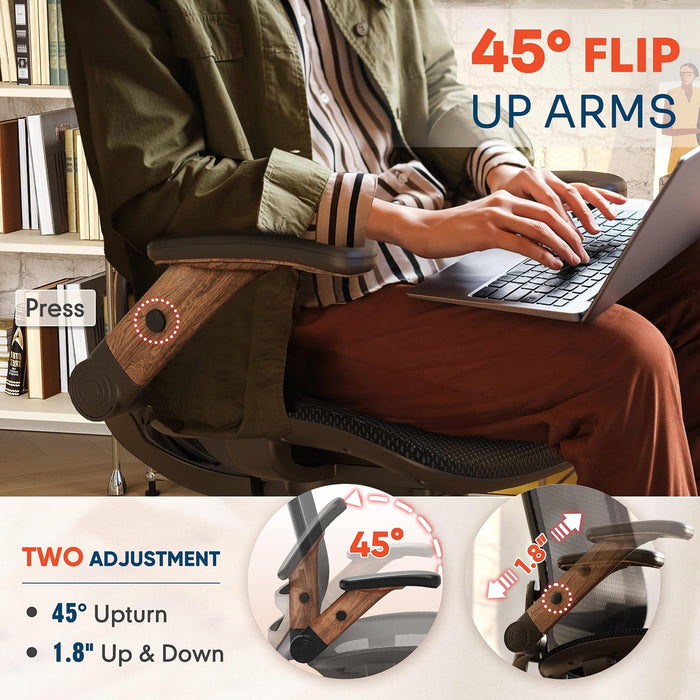Ergonomic Office Chair, High Back Home Desk Chair with 2D Flip-Up Arms, 3D Headrest, 90-120° Tilt and Wide Cushion, Big and Tall Mesh Chairs for Man Woman, Computer Task Chair Dark Wood Grain