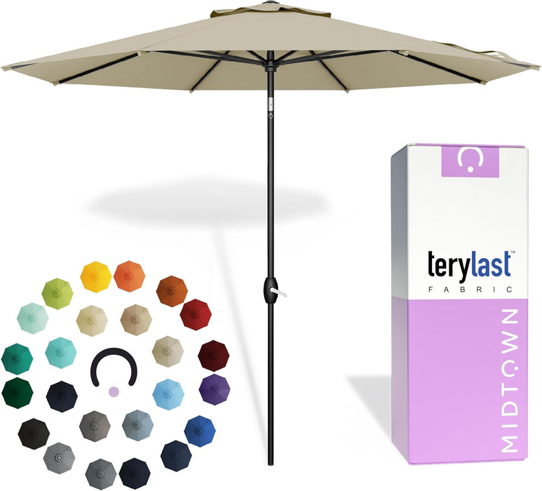 - 10-Year-No-Fade 9 Ft Patio Umbrella with Terylast Fabric, Auto-Tilt Aluminum Frame and 8 Reinforced Ribs for Deck, Pool, Garden & Beach - Chestnut Beige Canopy, Black Pole