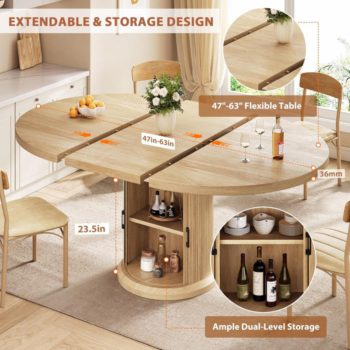 47″–63″ Extendable round Dining Table for 4–8 with Dust-Proof 2-Tier Storage Shelf Space-Saving Expandable Dining Room Table Wood Oval Circle Dining Table with Pedestal Base (Natural)