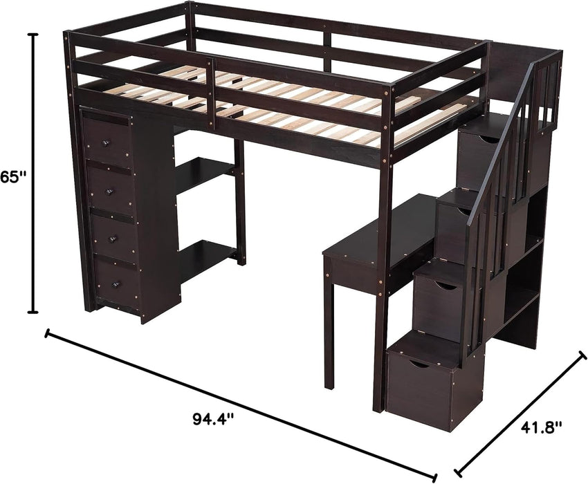 Loft Bed Twin with Desk and Storage Stairs, Space-Saving Wood Bed Frame with Drawers and Shelves, for Teens Adults (Espresso)