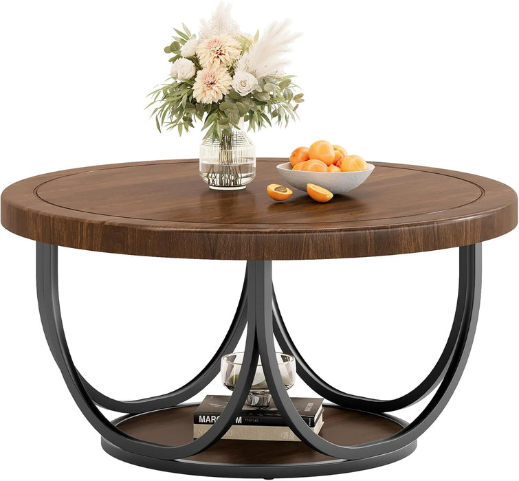 round Coffee Table with 2 Tiers, 33.5" Wooden Circle Accent Cocktail Table with Storage Shelf and Metal Frame, Industrial Center Tables for Living Room, Brown & Black