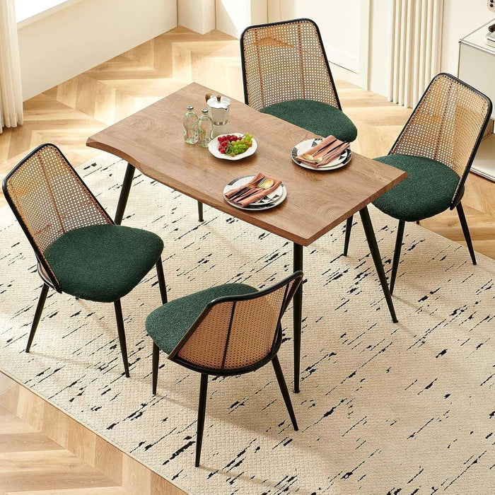Modern Kitchen Dining Table Set for 4, 5 Pieces Wooden Breakfast Dining Table Set with 4 Upholsetered Boucle Dining Chairs Rattan Backrest,Metal Legs for Dining Room,Living Room