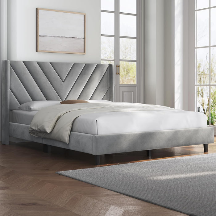 Queen Bed Frame Upholstered Platform Bed with Wing Side/Wooden Slat Support/Tufted Headboard with Wing Side/Mattress Foundation/No Box Spring Needed,Light Gray Queen Bed