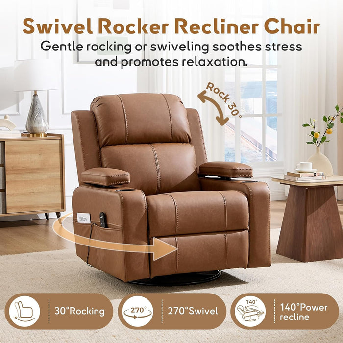 Power Swivel Rocker Recliner Chair with Adjustable Armrests, Brown