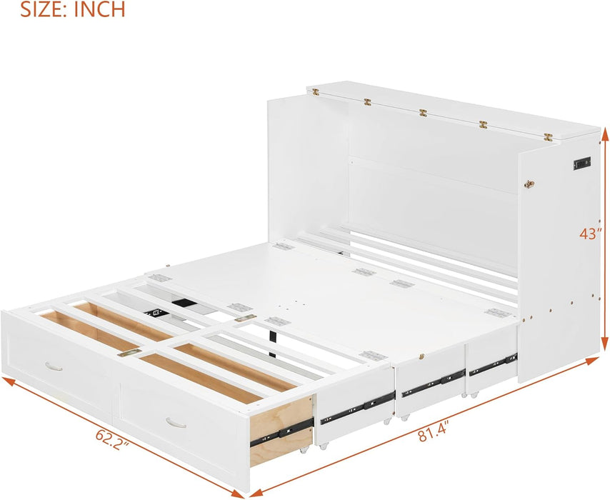 Queen Size Murphy Bed Cabinet Wall Bed Chest with Storage Drawer,Usb,Charging Station, Wood Murphy Bed Frame for Home Office or Small Room-White