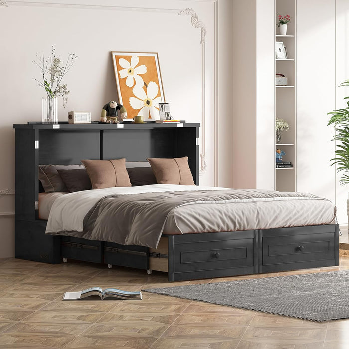 Queen Murphy Bed with Mattress Included - Solid Wood - Hideaway Chest Beds with 2 Storage Drawers, USB Charging Ports - Space Saving Murphy Cabinet Bed for Guest Room, Bedroom