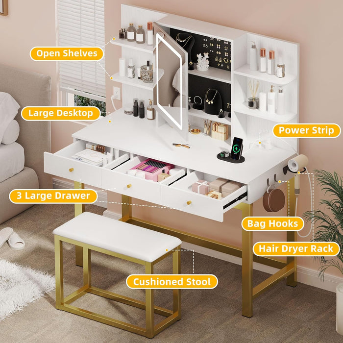 Makeup Vanity Desk Set with Mirror and Lights & Charging Station & Makeup Stool, 3 Drawers Vanity Table with 3 Hidden Storage Shelves for Bedroom (White & Gold) 39.5" W, Upgraded