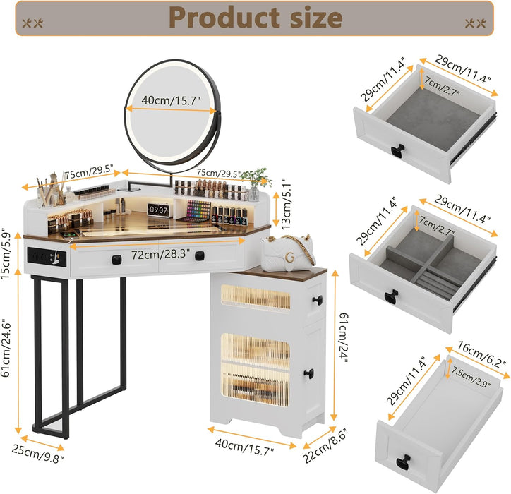 Corner Vanity with Mirror and Lights,Modern Makeup Vanity Set with Charging Station for Bedroom/Cloakroom,Glass Top Vanity Table with Drawers and Shelves,White