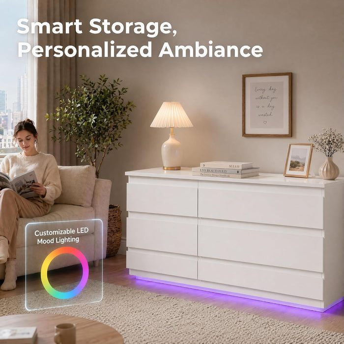 White 6 Drawer Dresser with Led Light and Charging Station for Bedroom