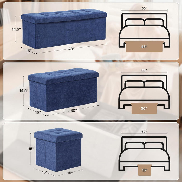 Ottoman Folding Storage Bench, 43X15X15 Inch, Foot Rest Stool for Living Room, Bedroom, Entryway, End of Bed - Multi-Functional Ottoman with Storage Navy Blue