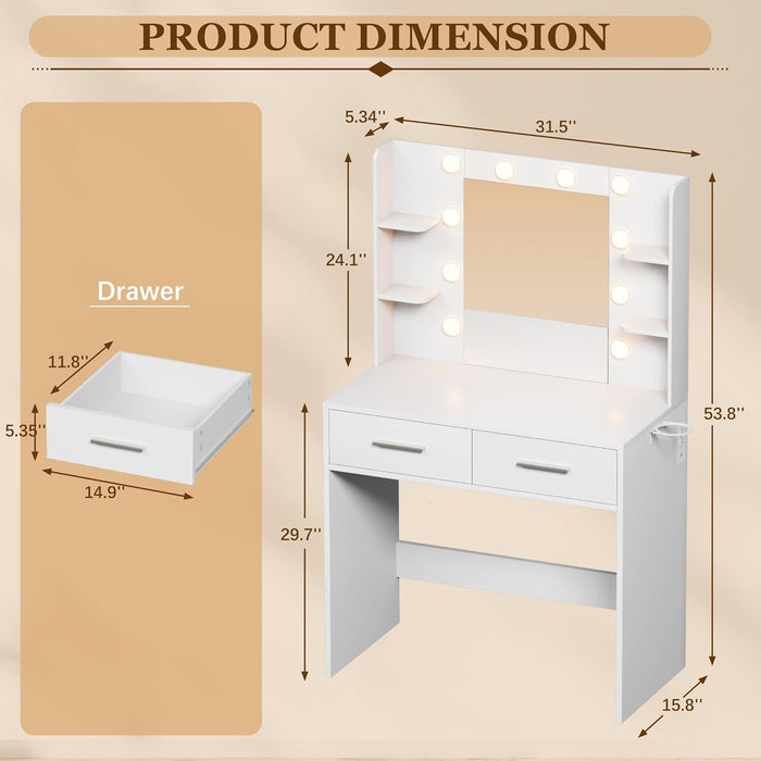 White Makeup Vanity Desk Featuring Illuminated Mirror