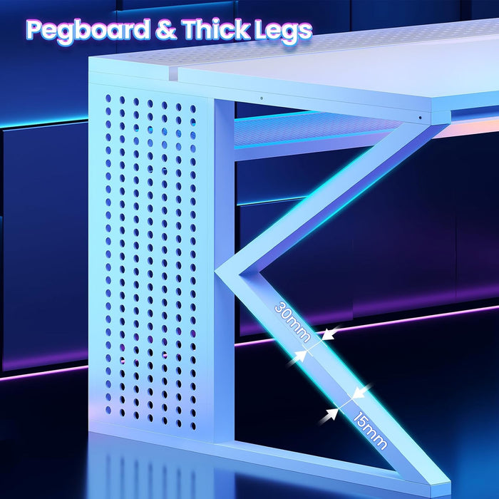 L Shaped Gaming Desk, 63" Lx27.6 W Computer Desk with 4 Drawers & Display Cabinet, Executive Office Desk with Storage Shelves & LED Light for Home Office, White