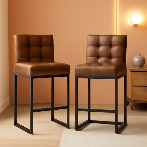 Modern Counter Height Bar Stools Set of 2,25'' Coffee Faux Leather Barstools with Back Sturdy Metal Legs, Checkered Wiring Thick Upholstered Counter Stools for Kitchen Island