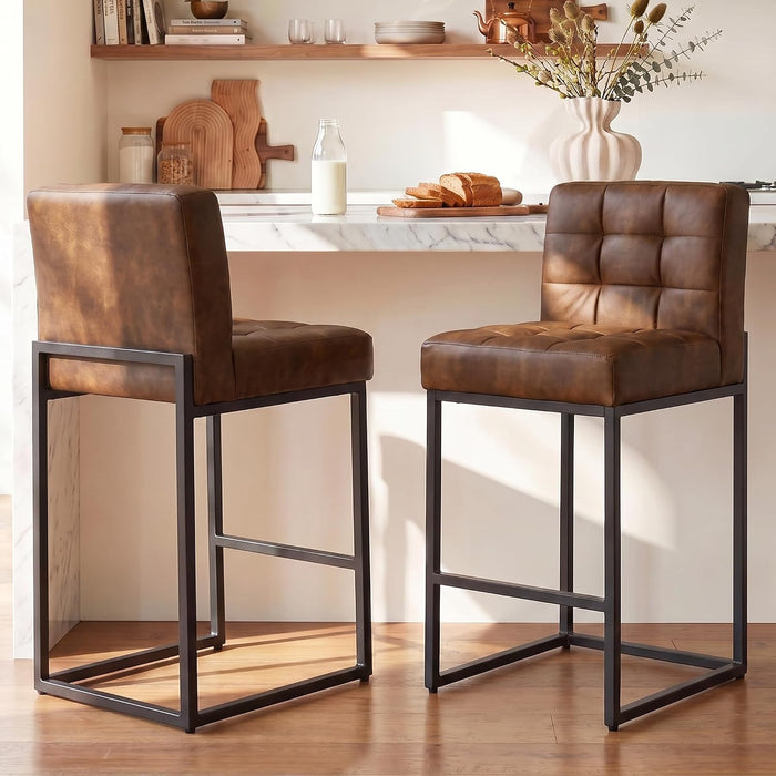 Modern Counter Height Bar Stools Set of 2,25'' Coffee Faux Leather Barstools with Back Sturdy Metal Legs, Checkered Wiring Thick Upholstered Counter Stools for Kitchen Island