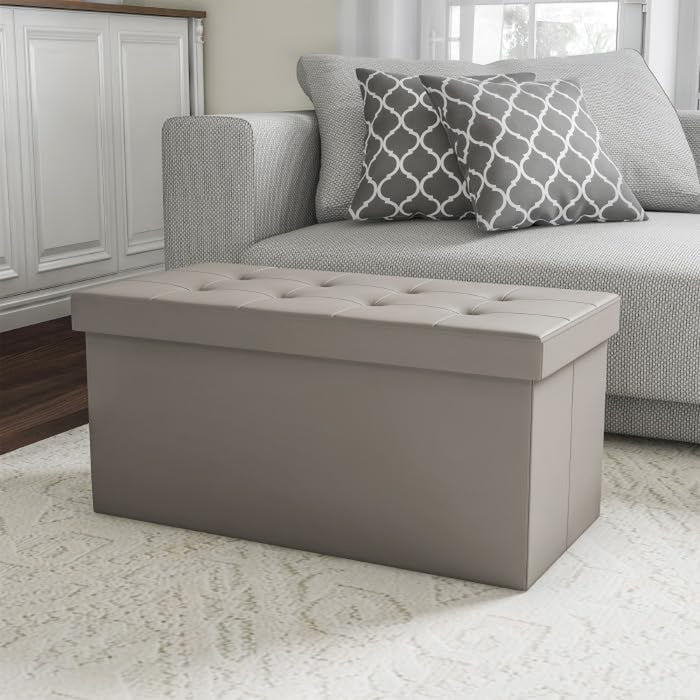Storage Ottoman - 30-Inch Folding Faux Leather Footrest, Linen Chest, or Bench with Removable Divider for Living Room or Bedroom by  (Gray)