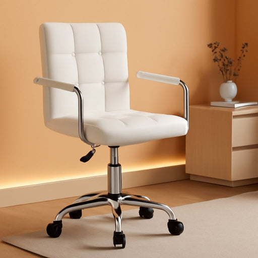 Mid-Back Office Task Chair Ribbed PU Leather Executive Modern Adjustable Home Desk Retro Comfortable Work Chair 360 Degree Swivel with Arms (White)