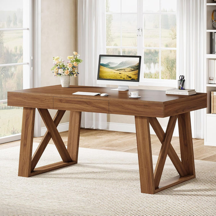 55 Inch Wide WalnutFinish Distressed Executive Desk