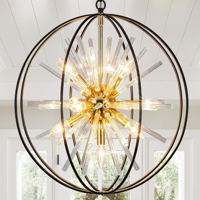 Modern Black and Gold Sputnik Chandelier for Living Room | D22" 10-Light Globe Chandelier round Hanging Chandelier for Foyer Entryway Stairway Kitchen Island