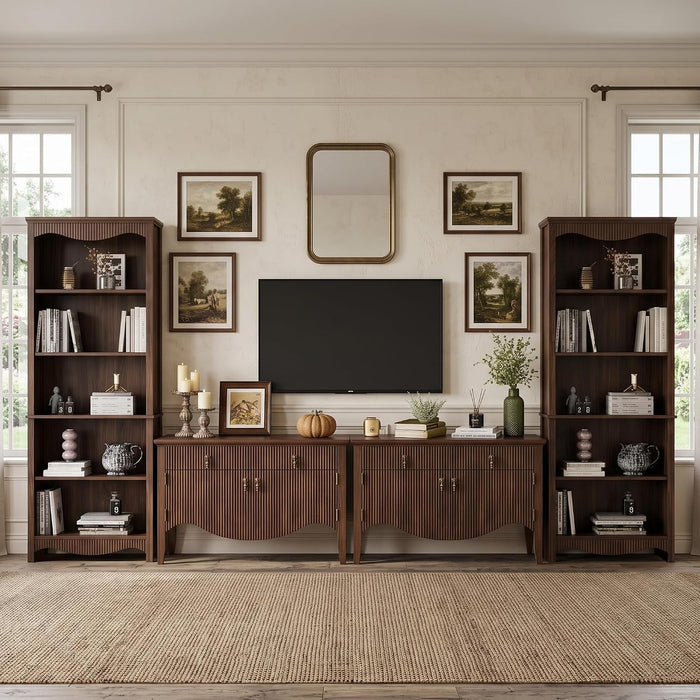 5-Tier Bookshelf, Mid-Century Bookcase,Fluted Wood Booklshelf, Walnut | Modern Bookcase with Classic Fluted Details, Freestanding Wood-Look Storage Rack for Home Office, Living Room, and Bedroom