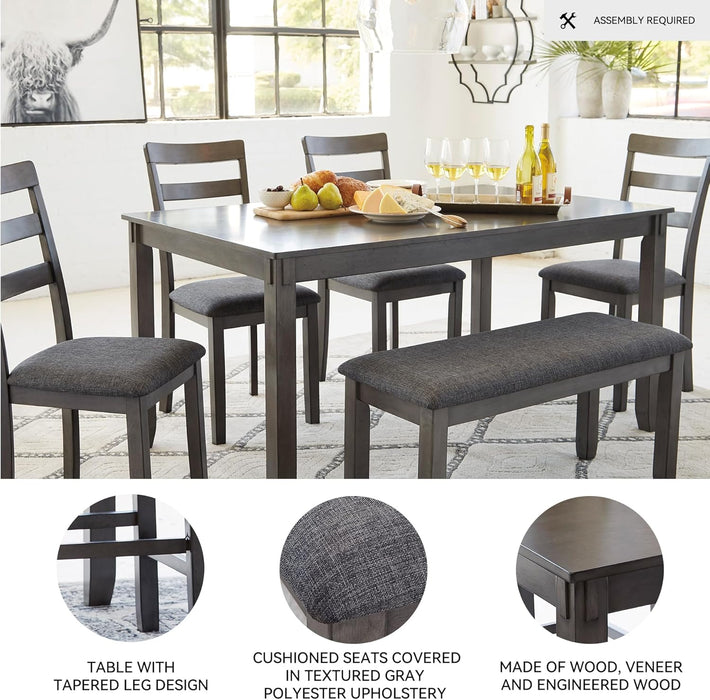Bridson Modern 6 Piece Dining Set, Includes Dining Table, 4 Chairs & Bench, Gray