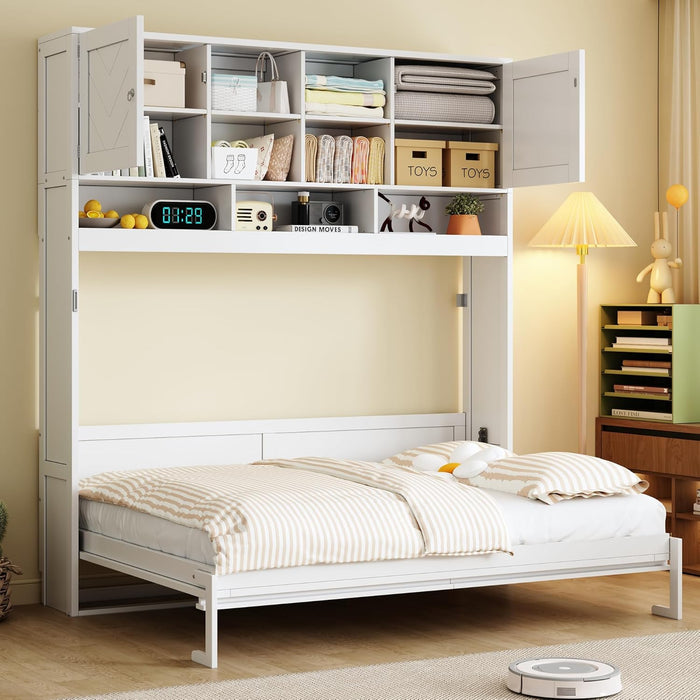 White Queen Murphy Wall Bed With BuiltInStorageSolutions
