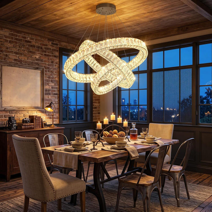 Modern Glam Chandelier Crystal LED Remote Rings Chandelier Adjustable Hanging Ceilings Pendant Lights Fixture Black 16"+24"+32" Rings Lighting