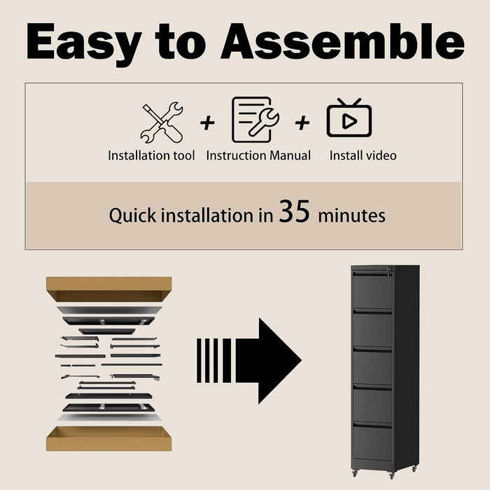 Black 5-Drawer Commercial-Grade Filing Cabinet Lockable