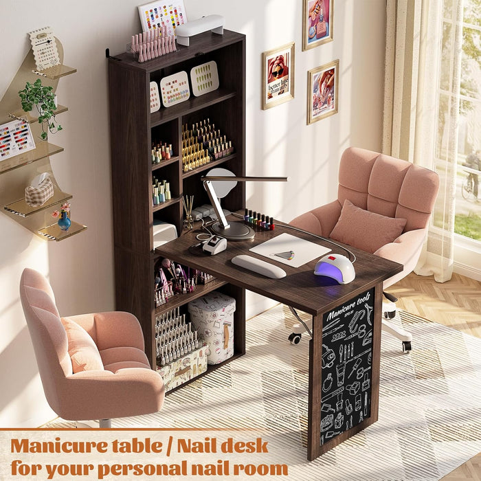 Small Folding Desk with Outlets, Convertible Writing Desk for Small Spaces/Home Office/Craft Room, Multi-Function Desk Workstation with Blackboard, Fold-Out Cabinet Table, Black Walnut