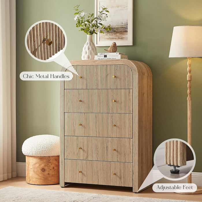 48" Tall Fluted 5 Drawers Dresser for Bedroom with Rounded Curved