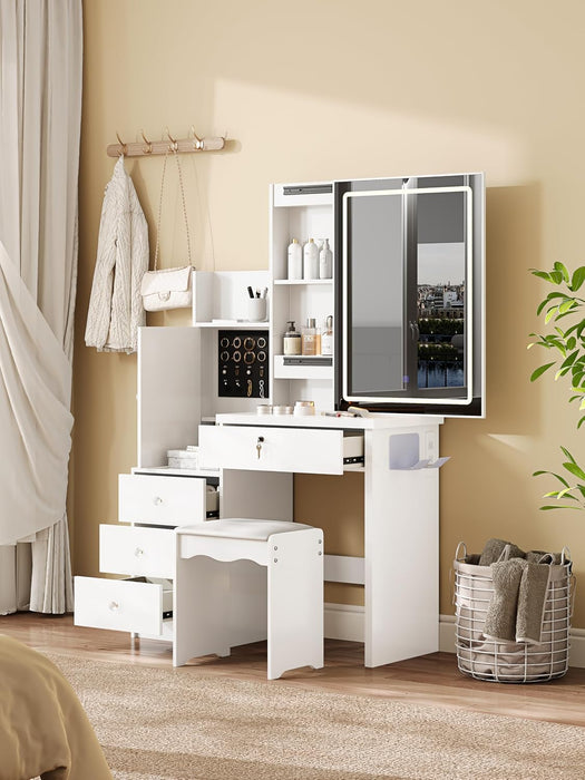 Vanity Desk Set with Sliding Lighted Mirror, Makeup Dressing Table with 4 Drawers & 9 Storage Spaces, Hidden Compartments and Cushioned Stool for Bedroom, White