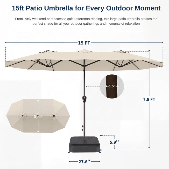 15FT Large Patio Umbrella with Base, Double Sided Rectangular Outdoor Umbrella with Sturdy Fiberglass Ribs, UPF 50+ Sun Protection, Wind-Resistant, Waterproof Fade-Resistant Fabric for Pool, Garden, Backyard, Deck(Creamy-White)