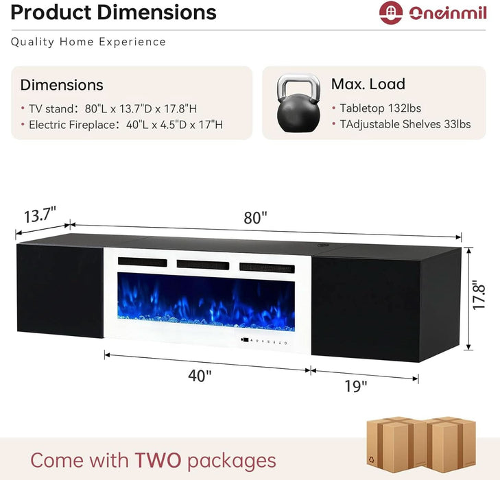 80" Floating TV Stand with 40" Electric Fireplace, Modern Entertainment Center with Storage, Adjustable 12-Color LED Lights, Fire Place TV Console for Living Room, Black+White