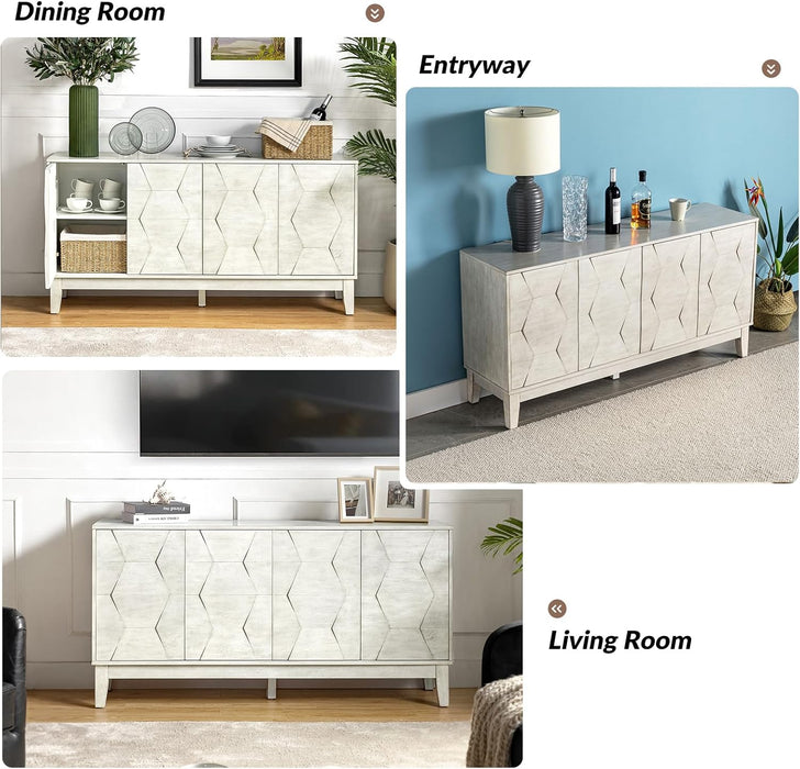 Mid Century Sideboard Buffet Cabinet with Solid Wood Legs, 60" Kitchen Storage Cabinet Credenza with 4 Doors and 2 Shelves, Accent Console Table, White