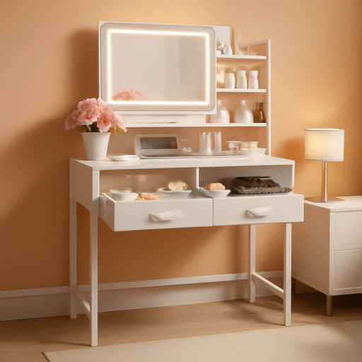 Small Makeup Vanity with Lights, Open Shelves, Fabric Drawers | Bedroom, Gifting, 3 Lighting Modes, Stable Frame, 31.5" X 15.8" X 51.2"