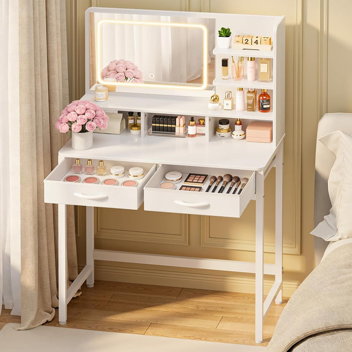 Small Makeup Vanity with Lights, Open Shelves, Fabric Drawers | Bedroom, Gifting, 3 Lighting Modes, Stable Frame, 31.5" X 15.8" X 51.2"