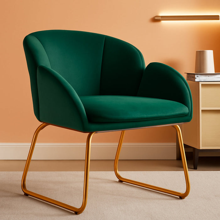 Flower Velvet Vanity Chair, Modern Side Chair Armchair with Golden Metal Legs for Living Room/Dressing Room/Bedroom/Home Office/Kitchen, Green