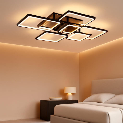 Modern LED Ceiling Light, Dimmable LED Chandelier Black Flush Mount Ceiling Lights, Remote Control Acrylic Ring Ceiling Lamp Fixture for Living Room Dining Room Bedroom, 8H-FANG-BL-04