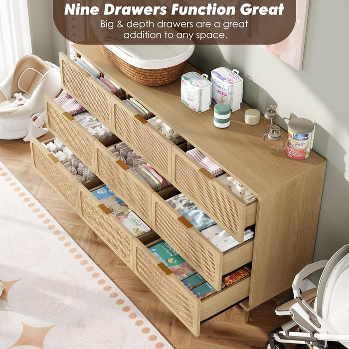 Rattan 9 Drawer Dressers for Bedroom, Tall Dresser with Deep Drawers, Large Chest of Drawers for Closet with Wide Top, Long Wooden Dresser for Living Room, Hallway, Kids Room, Natural