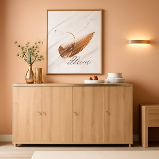 Curved Buffet Cabinet with Doors, 66" Large Sideboard Buffet Storage Cabinet with 4 Doors and Shleves, Modern Coffee Bar Station Wood Kitchen Table for Kitchen, Dining Room, Natural