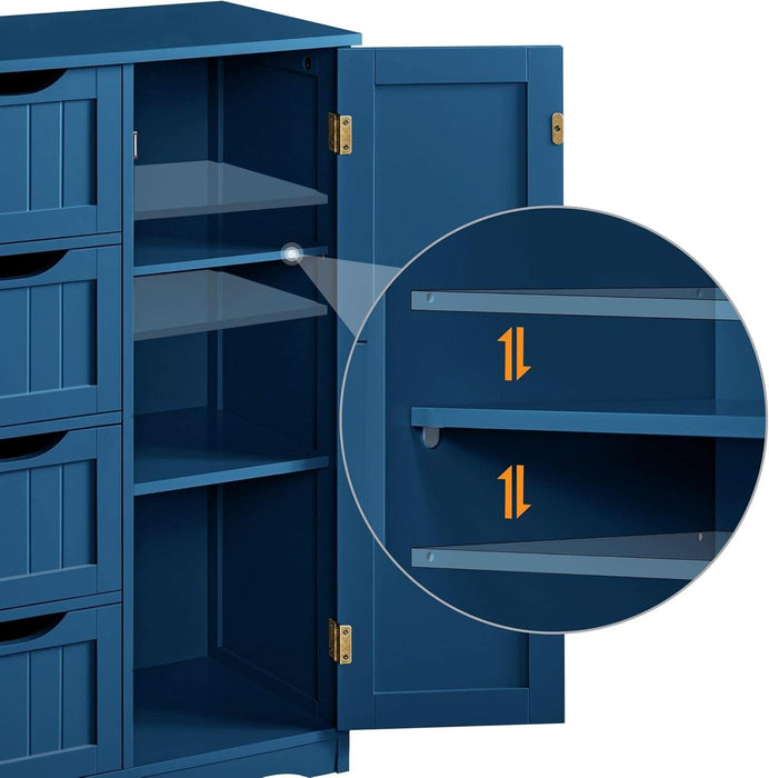 Wooden Bathroom Floor Cabinet, Side Storage Organizer Cabinet with 4 Drawers and 1 Cupboard, Freestanding Entryway Storage Unit Console Table, Bathroom Furniture Home Decor, Navy Blue