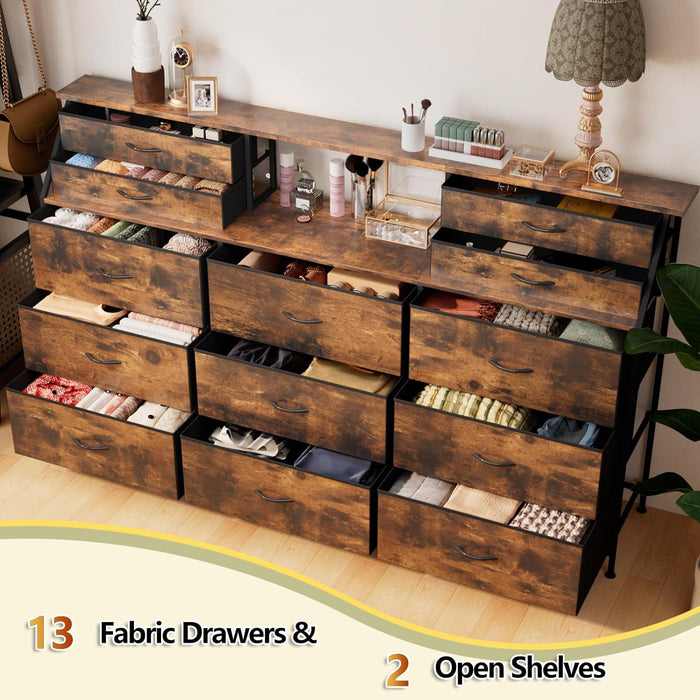 72" Long Dresser for Bedroom, 13 Fabric Drawers Dresser for Closet, Wide Chest of Drawers with 2 Open Shelves, Large TV Stand for 70,80 Inch TV, Wood Top, Rustic Brown