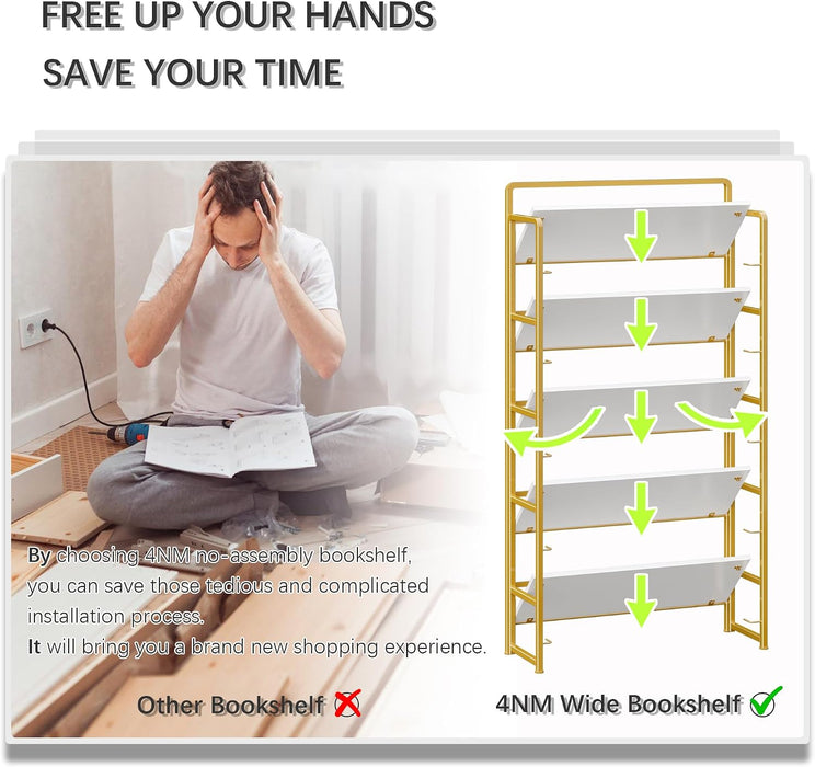 No Assembly Extra Wide 5 Tier Folding Bookshelf Tall Storage Shelves Vintage Bookcase Standing Racks for Bedroom Living Room Home Office